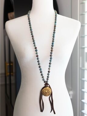 Blue Beaded‎ Long Necklace with Gold Medallion and Brown Tassel